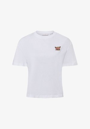 T-shirt bianca in cotone a manica corta, con un piccolo ricamo di una faccia di leopardo multicolore sul petto sinistro.