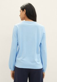 Lyseblå langermet bluse med vertikale hvite striper, rund hals og elastiske mansjetter. Stoffet virker jevnt med en lysende glans.