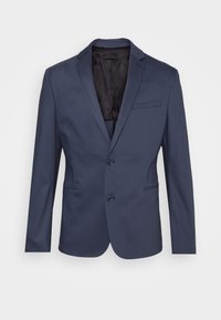 Giacca da abito blu navy realizzata in tessuto liscio, con chiusura a un bottone, rever a punta, taschino sul petto e due tasche frontali.