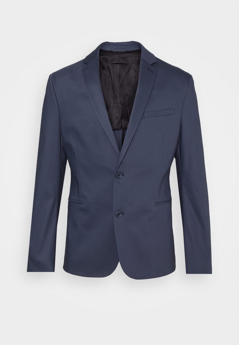 Navy blue suit jacket made of smooth fabric, featuring a single-button closure, peaked lapels, a chest pocket, and two front pockets.