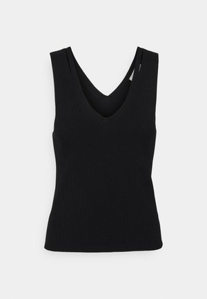 Ärmelloses, schwarzes, geripptes Stricktop mit V-Ausschnitt und figurbetonter Silhouette vor einem schlichten, hellen Hintergrund.