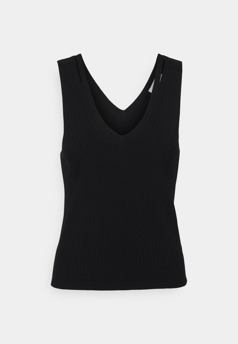 Haut sans manches en maille côtelée noire avec encolure en V et silhouette ajustée sur un fond clair uni.