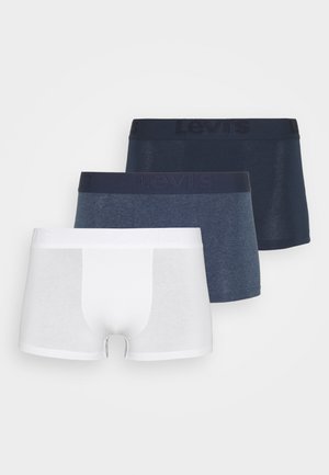 Drei Paar Levi's Boxershorts in Marineblau, Dunkelblau und Weiß, mit elastischen Taillenbändern und eingeprägtem Markenlogo.