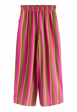 Hoch taillierte, weit geschnittene Hose mit senkrechten Streifen in Pink, Braun und Hellgelb sowie elastischem Bund und Seitentaschen.