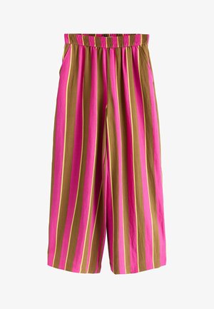 High-waisted wide-leg pants with pink, brown, and light yellow vertical stripes and an elastic waistband with side pockets.