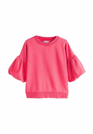 Hanorac roz scurt cu mâneci bufante până la cot și guler rotund și margine cu nervuri.