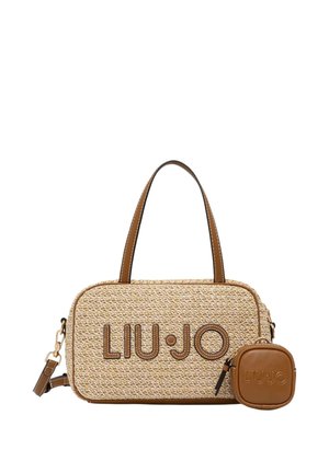 Bolso tejido de color beige con asas y ribetes de cuero marrón, con el logo "LIU JO" y un pequeño monedero de cuero marrón con cremallera adjunto.
