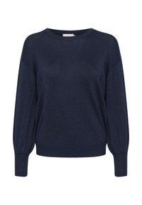 Marineblauer, übergroßer Pullover aus weichem Stoff mit dezentem Schimmer, ausgestattet mit rundem Ausschnitt und langen, gerafften Ärmeln.