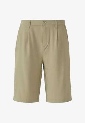 Beige shorts made of lightweight fabric, featuring a tailored design, two side pockets, a front button closure, and sharp crease details.