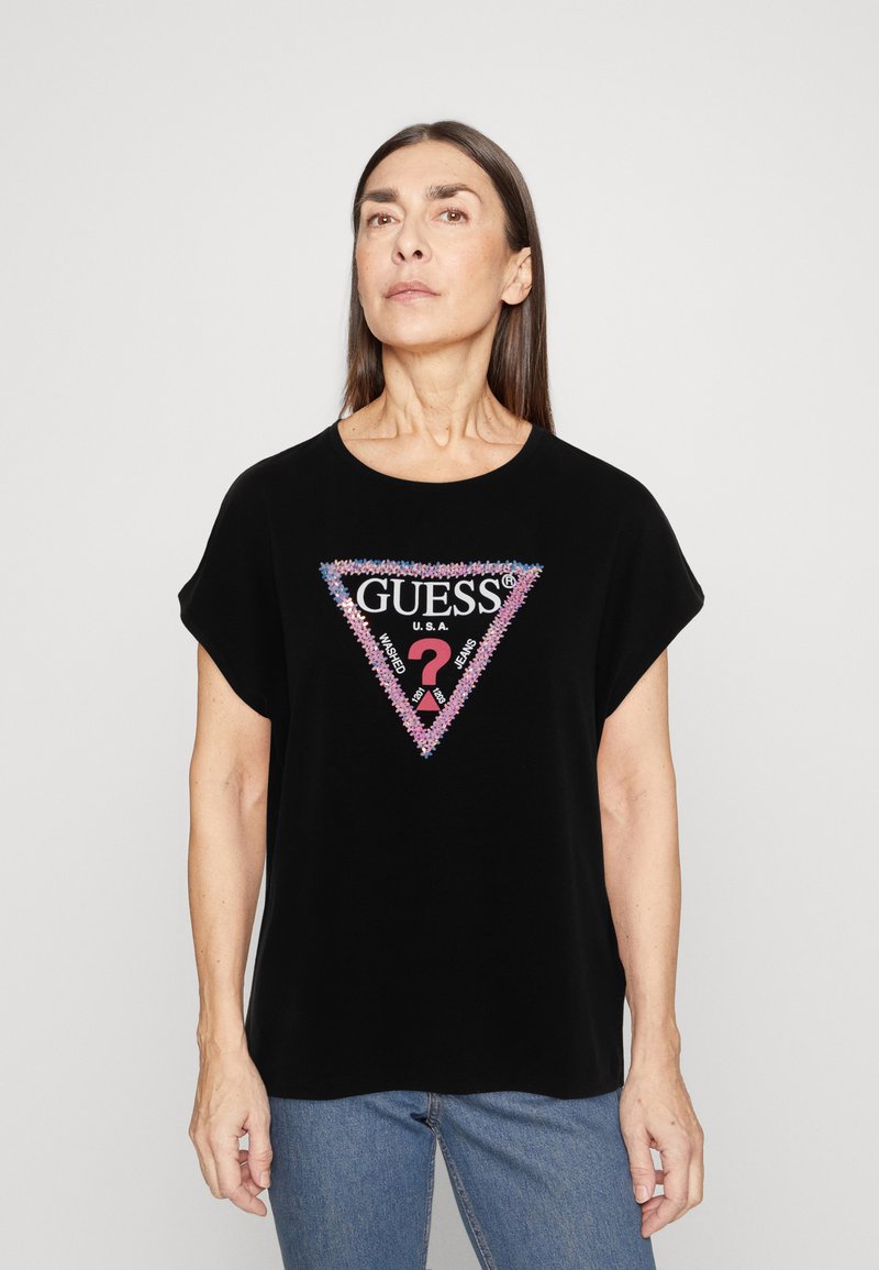 Guess 3D FLOWERS TRIANGLE TEE Print Tshirt jet black/black