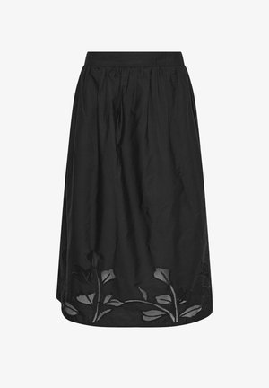 Zwarte knie lange rok met geplooide taille en bloemrijke opengewerkte borduursels langs de zoom.
