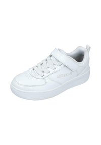 Zapatilla deportiva blanca con parte superior sintética lisa, cierre de cordones, tira de Velcro, collar acolchado y suela de goma texturizada. Acabada con un logo.