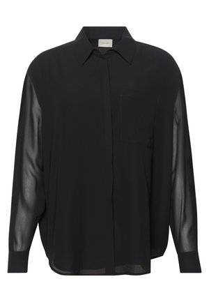 Mustast, siledast kangast valmistatud nööbitav särk läbipaistvate pikkade varrukatega, ühe rinnatasku ja klassikalise kraega.