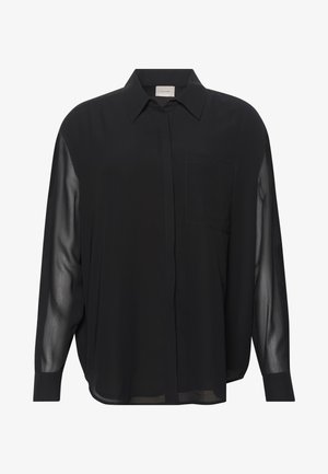 Mustast, siledast kangast valmistatud nööbitav särk läbipaistvate pikkade varrukatega, ühe rinnatasku ja klassikalise kraega.