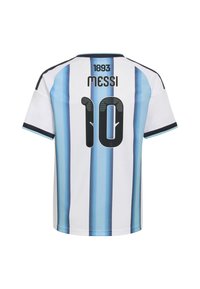 Maillot de football blanc avec des rayures verticales bleues et des accents noirs. Au dos, le nom "MESSI" et le numéro "10", ainsi que "1893" en haut.
