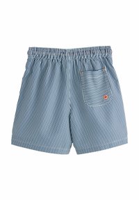 Pantaloni da bagno a righe blu navy e bianchi con vita elasticizzata, dotati di una tasca sul retro e un bordo a contrasto sulla tasca.