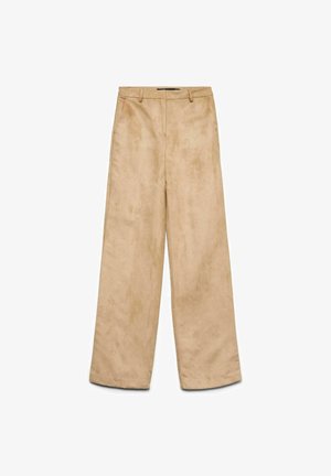 Beige suede wide-leg trousers with a smooth texture, featuring a front fly, belt loops, and two side pockets.