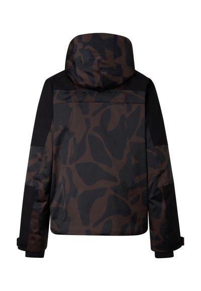 Wasserabweisende Jacke in Dunkelbraun mit einem schwarzen abstrakten Muster. Verfügt über eine Kapuze, lange Ärmel und elastische Bündchen für einen sicheren Sitz.