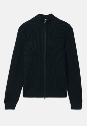Dark ribbed zip-up sweater with a high collar, featuring a smooth zipper and fitted cuffs. Made from a textured, stretchy fabric.