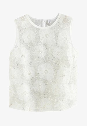 Weiße ärmellose Bluse mit floraler Stickerei und Pailletten. Rundhalsausschnitt, Knopfverschluss am Rücken, Textil mit erhabenen Blumenmustern.