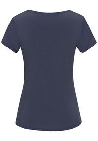 T-shirt a maniche corte blu navy con scollatura rotonda, materiale liscio, forma aderente e un design semplice senza motivi visibili o accenti.