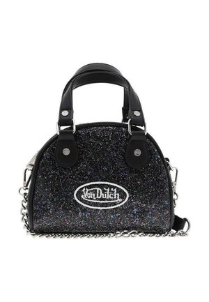 Petit sac à main noir pailleté de forme arrondie, poignées noires, bandoulière chaîne argentée, et logo blanc Von Dutch à l'avant.