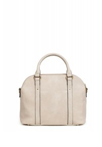 Borsa a mano in pelle beige con doppi manici, dettagli dorati, forma strutturata e texture liscia. Presenta una tasca frontale e chiusura con zip.