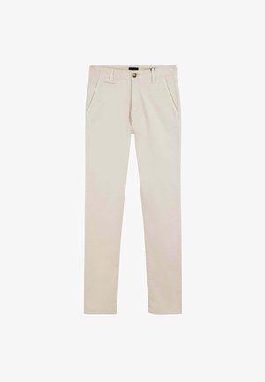 Pantalones beige claros de algodón, con un diseño de pierna recta, dos bolsillos frontales y una cremallera con cierre de botón.