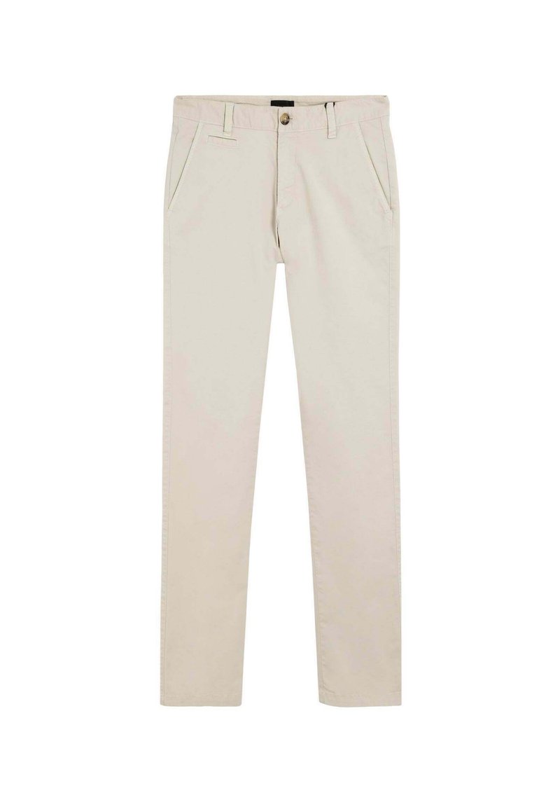 Pantalones beige claros de algodón, con un diseño de pierna recta, dos bolsillos frontales y una cremallera con cierre de botón.
