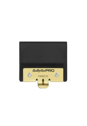Black BaBylissPRO clipper blade with gold metal edge labeled FXPBCT2, designed for hair trimming attachments.