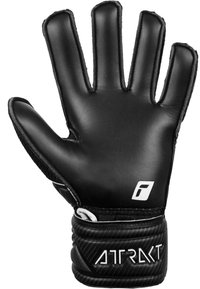Gant de gardien de but noir avec paume en latex, grip texturé, design à quatre doigts et une sangle élastique au poignet arborant la marque blanche "ATRKT".