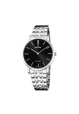 Festina armbåndsur med en rund sort urskive, kabinet i rustfrit stål i sølvfarve og en poleret ledarmbånd. Safirglas, minimalistisk design.