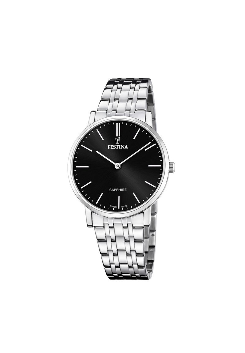 Zegarek Festina z okrągłą czarną tarczą, stalową kopertą w srebrnym kolorze oraz połyskującym bransoletą ogniw. Kryształ szafirowy, minimalistyczny design.