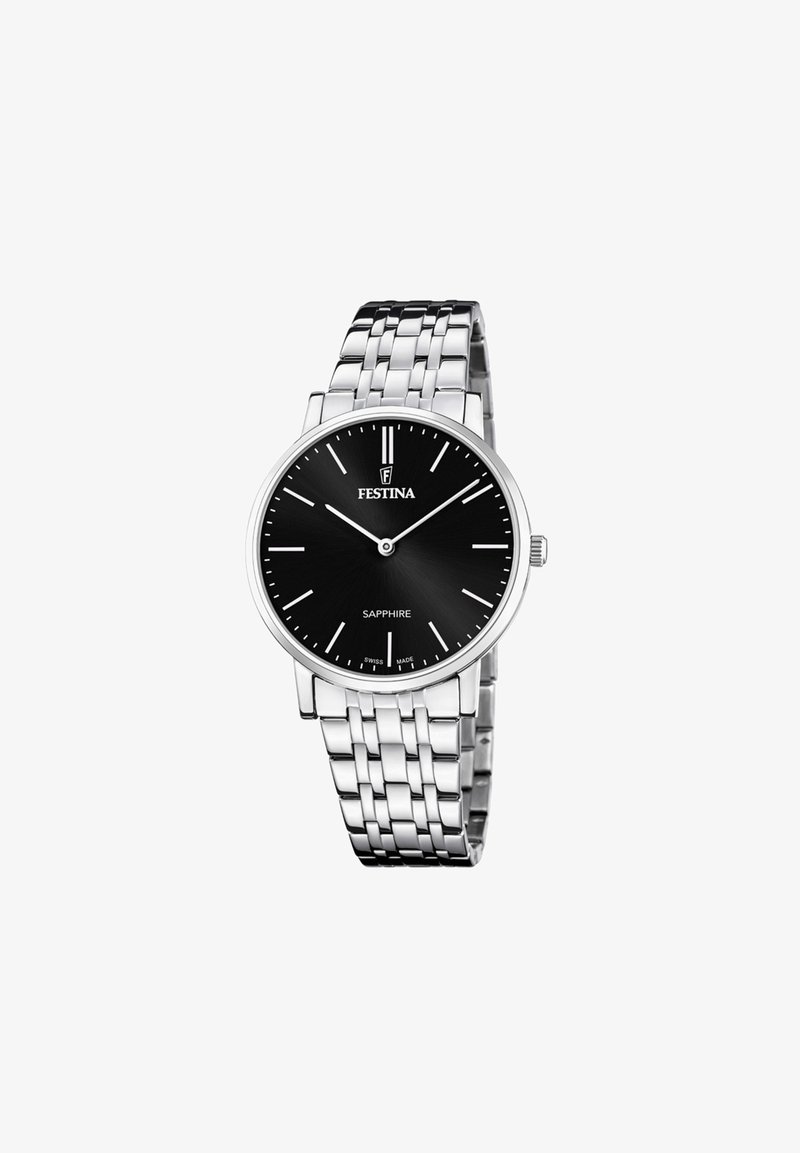 Zegarek Festina z okrągłą czarną tarczą, stalową kopertą w srebrnym kolorze oraz połyskującym bransoletą ogniw. Kryształ szafirowy, minimalistyczny design.