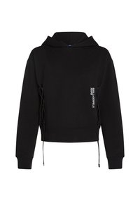 Black cropped hoodie with a drawstring at the hem, featuring a large hood and subtle logo on the side. Made from soft textile material.