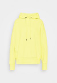 Gele hoodie met een ruime capuchon, lange mouwen en een ontspannen pasvorm. Voorzien van een trekkoordsluiting en geribbelde boorden aan de mouwen en onderkant.