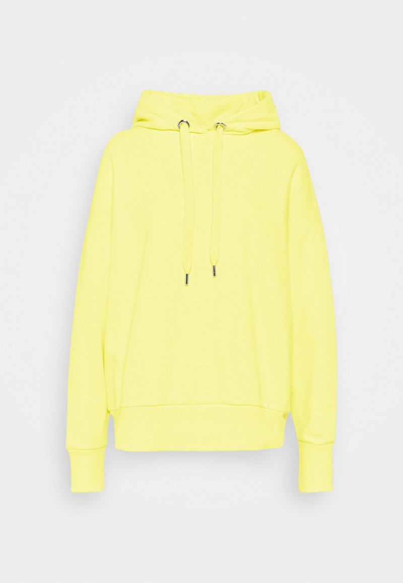 Gele hoodie met een ruime capuchon, lange mouwen en een ontspannen pasvorm. Voorzien van een trekkoordsluiting en geribbelde boorden aan de mouwen en onderkant.