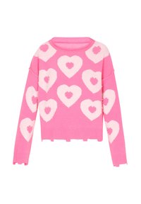 Rosa gestrickter Pullover mit großen weißen Herzmustern und kleineren Herzen im Inneren. Das Design umfasst gerippte Bündchen und einen verkürzten Saum.