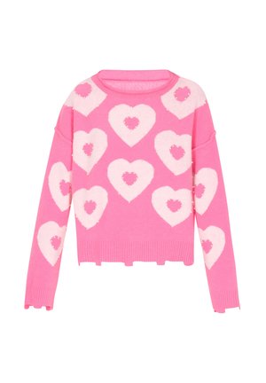 Rosa strikket sweater med store hvide hjerte-mønstre og mindre hjerter indeni. Designet inkluderer ribbede ærmeafslutninger og en cropped længde.