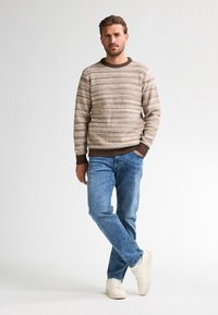 Gestreifter braun- und cremefarbener Strickpullover, runder brauner Ausschnitt, kombiniert mit hellblauen Jeans und weißen Sneakers. Einfaches, lässiges Outfit.