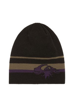 Black knit beanie with horizontal beige and purple stripes and a purple graphic resembling a hand with an eye on the front.
