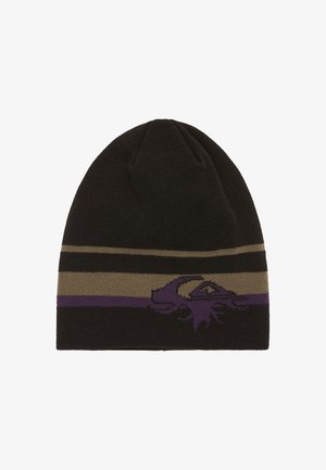 Schwarze Strickmütze mit horizontalen beige- und lila Streifen sowie einer lila Grafik, die eine Hand mit einem Auge auf der Vorderseite darstellt.