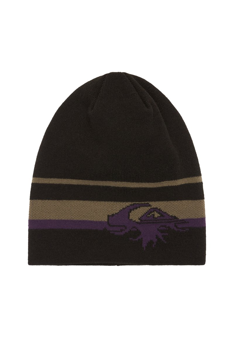 Gorro de punto negro con franjas horizontales en beige y púrpura y un gráfico púrpura que asemeja una mano con un ojo en la parte delantera.