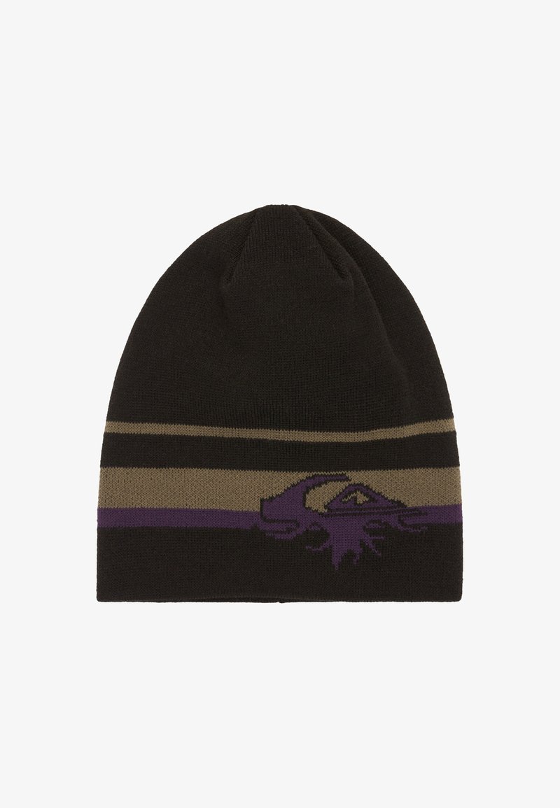 Bonnet en tricot noir avec des bandes horizontales beige et violet et un graphique violet ressemblant à une main avec un œil sur le devant.