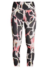 Legginsy z wysokim stanem wykonane z elastycznego materiału, charakteryzujące się czarnym tłem w różowe i żółte abstrakcyjne wzory oraz gładkim wykończeniem.