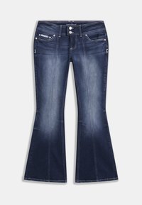 Σκούρα μπλε τζιν καμπάνα από denim, με πέντε τσέπες, αντίθετες ραφές και κλείσιμο με κουμπί με διακοσμητικές λεπτομέρειες μπροστά.