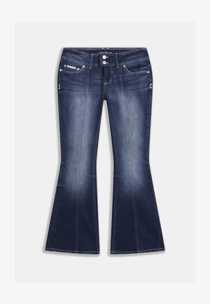 Dark blue flared jeans made of denim, featuring five pockets, contrast stitching, and a button closure with decorative accents on the front.