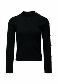 Suéter negro de manga larga con cuello alto, que presenta botones dorados en el hombro y una textura suave y elástica.