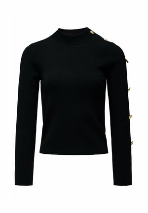 Suéter negro de manga larga con cuello alto, que presenta botones dorados en el hombro y una textura suave y elástica.