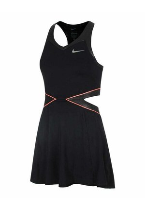 Robe de sport noire sans manches avec dos nageur, côtés découpés soulignés de rose, et petit logo Nike blanc sur la poitrine.